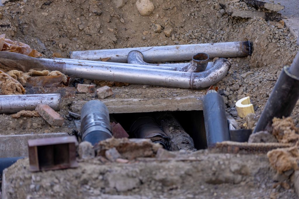 Installation de tuyauterie urbaine sur chantier construction